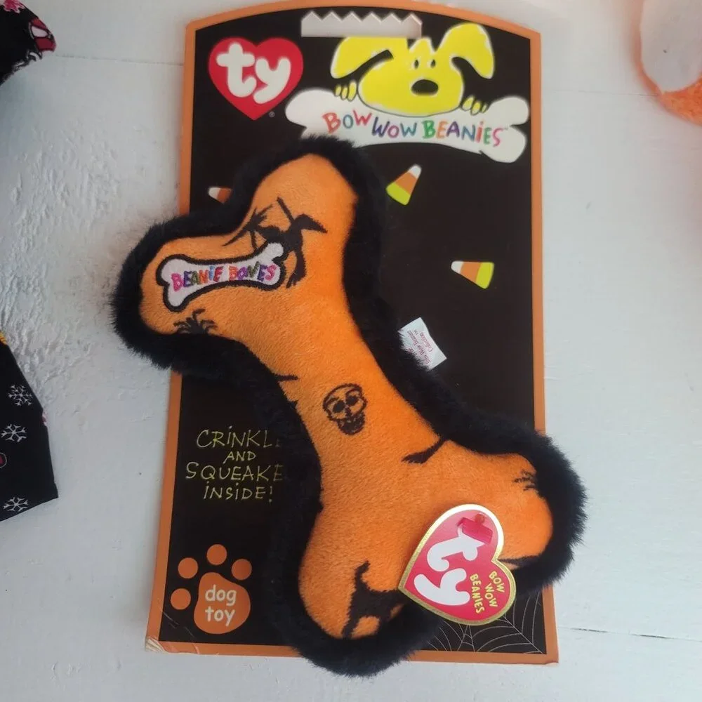 Ty Bow Wow Beanies Bone Dog Toy Halloween Crinkle Squeaker Skull Cat Witch NEW